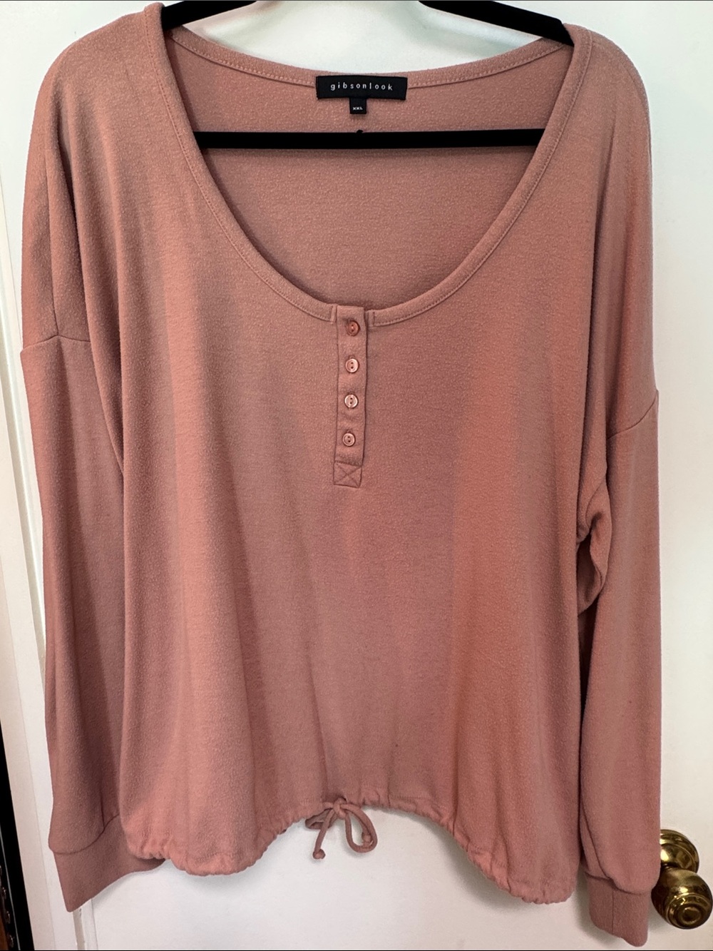 Gibson Cropped Henley With Drawcord Bottom in "Blush/Sandstone" - XXL